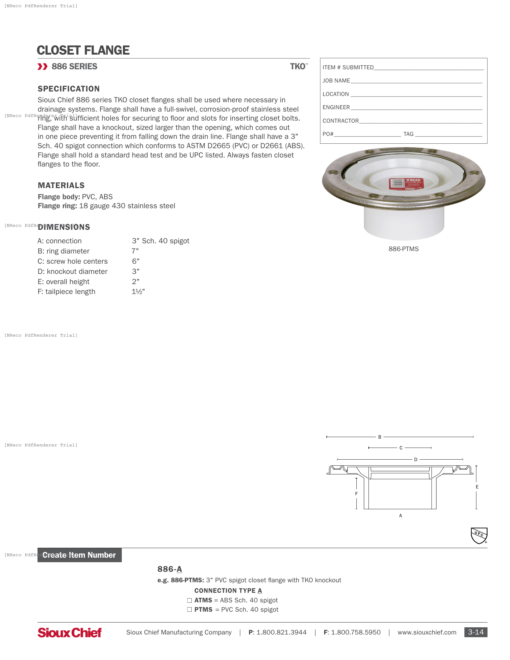 886-PTMS - TKO CLOSET FLANGE - SPEC SHEET.PDF Specification Document